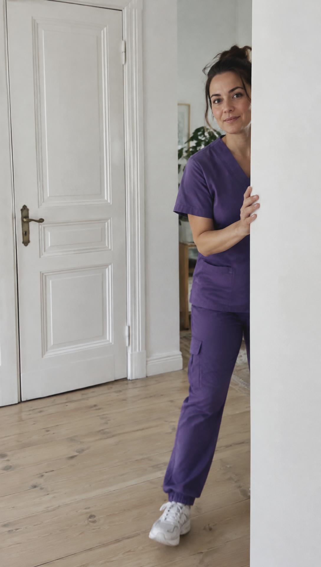 Video still: a nurse in purple scrubs stepping into frame