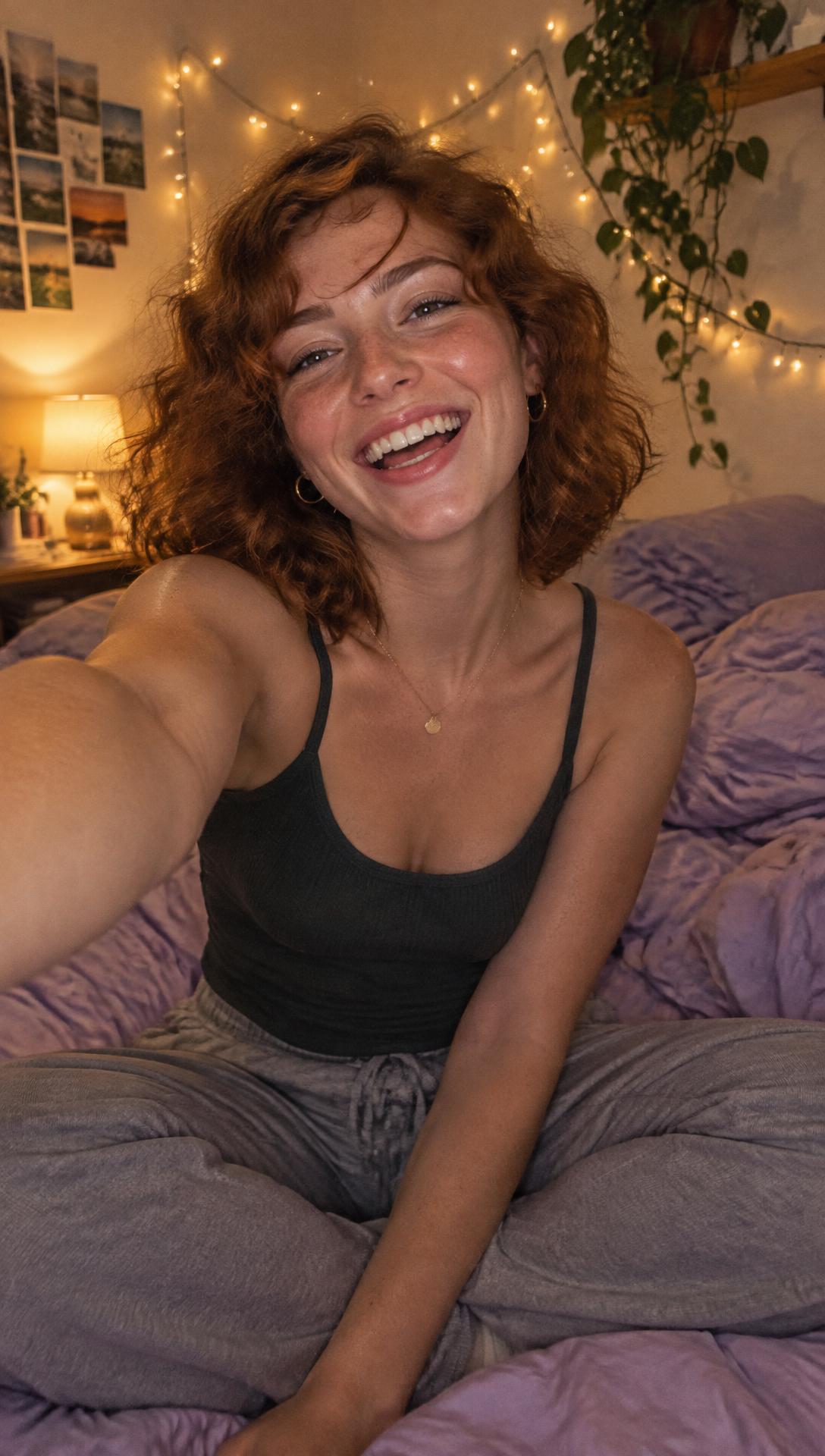Video still: a creator on a bed holding up her phone