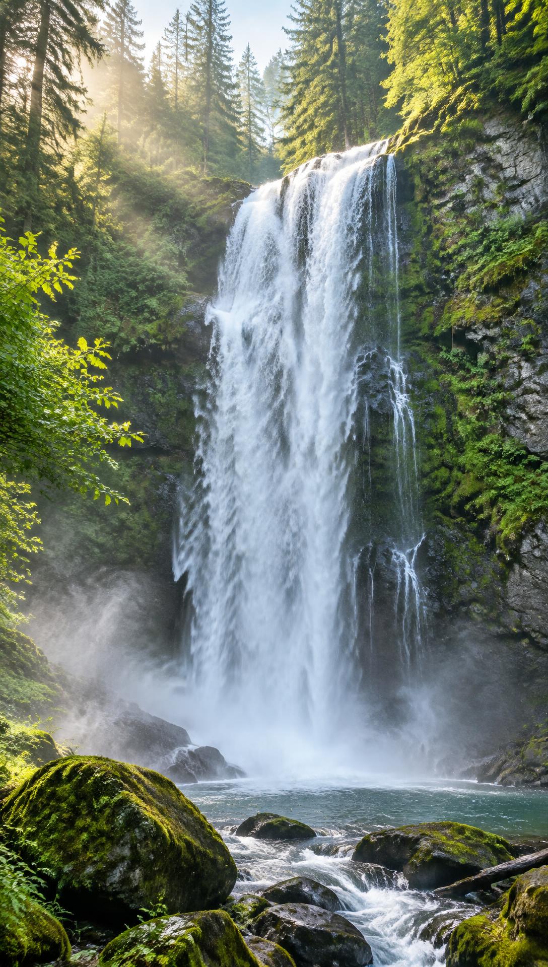 Static ad: five-star review card over a waterfall